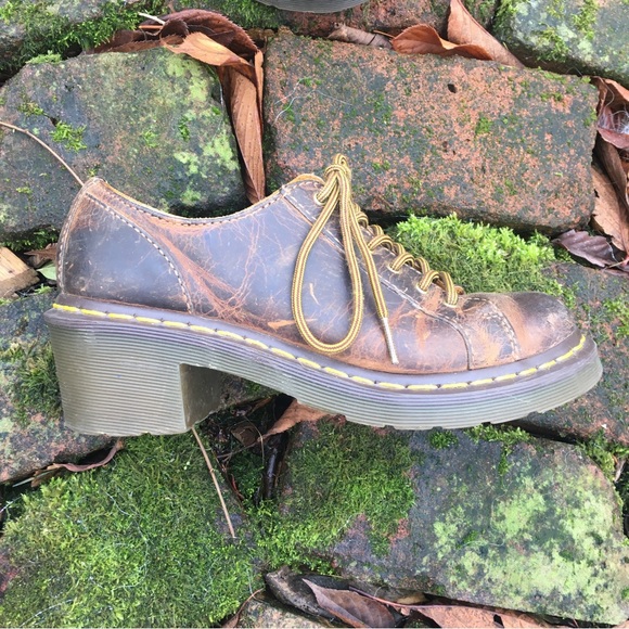 Dr. Martens Brown Platform Shoes with Yellow Laces - Picture 2 of 11